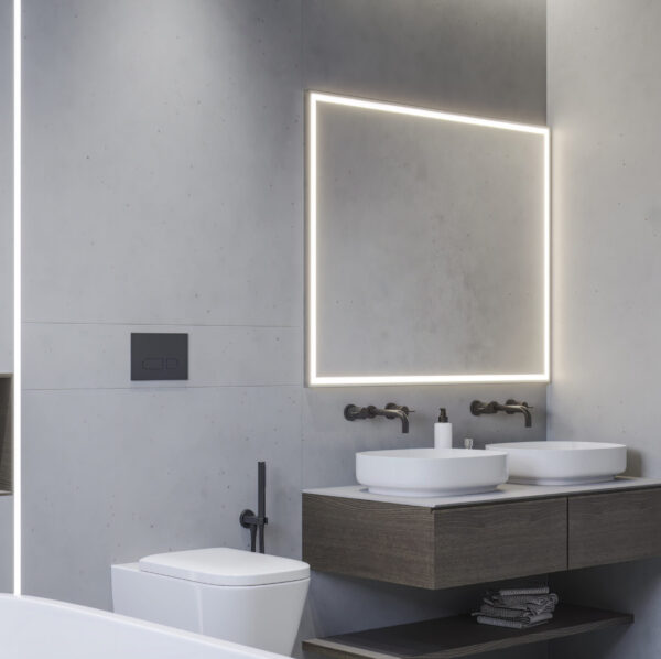 Comprar espejo a medida con marco termoplástico y luz COB para un diseño moderno y resistente.